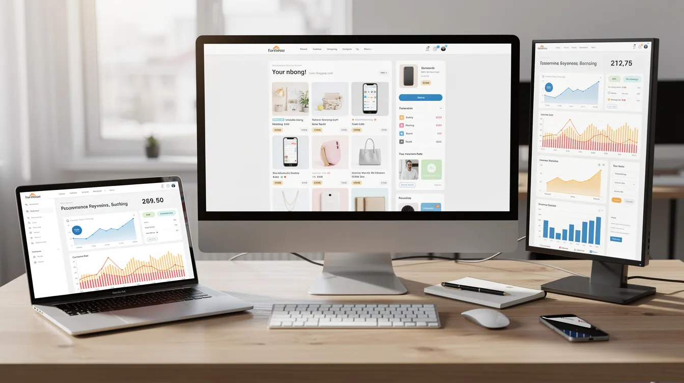 L'image montre un bureau moderne avec plusieurs écrans affichant des maquettes de sites e-commerce et des graphiques de performance. On y voit une équipe d'experts d'une agence web spécialisée, travaillant sur des projets de création de sites e-commerce, optimisant l'expérience utilisateur et analysant les chiffres de croissance.